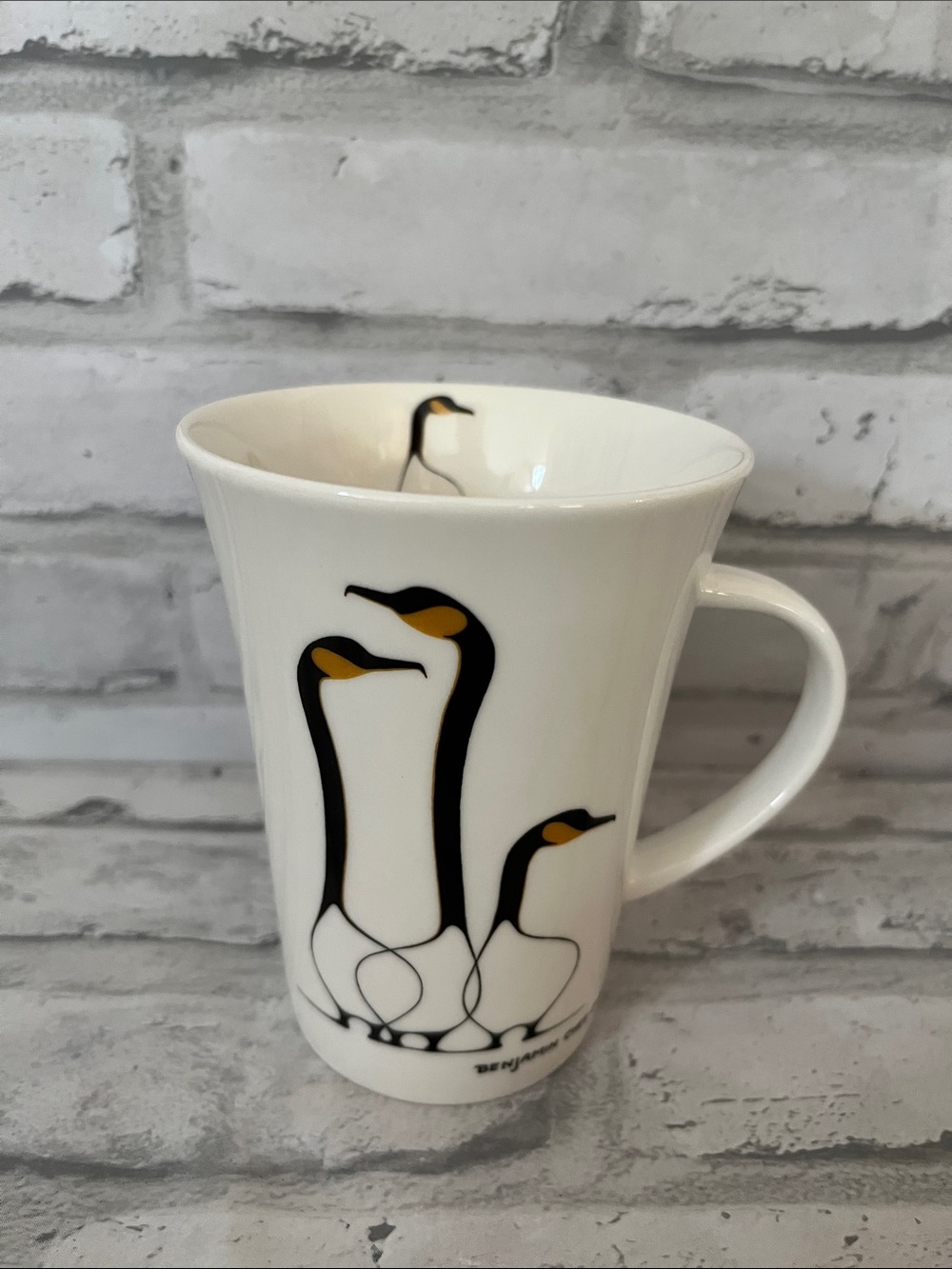 White Ceramic Mug with Black & Gold Penguin Design Benjamin Chee Chee 10 oz